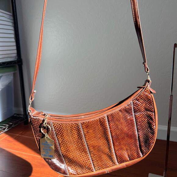 Vintage 2000's Y2K Palizzio Snakeskin Patchwork Brown Leather Shoulder Bag - Picture 2 of 6